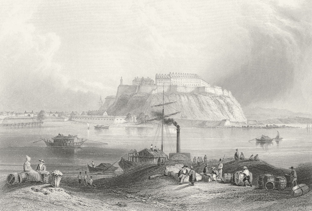 SERBIA. Petrovaradin. Bartlett boats Barrels bridge 1840 old antique print